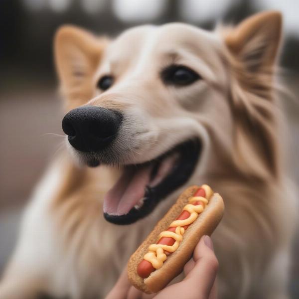 Dog enjoying a hot dog biscuit