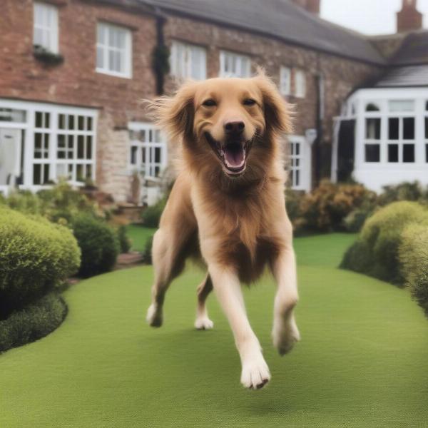 A dog enjoying the garden of a dog-friendly hotel in Dorset.