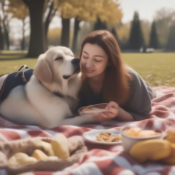 Dog enjoying a park picnic with its owner