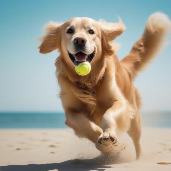 A happy dog playing fetch on a Phillip Island beach.