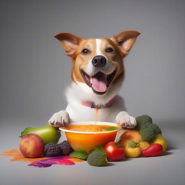 A dog happily eating puree from a bowl