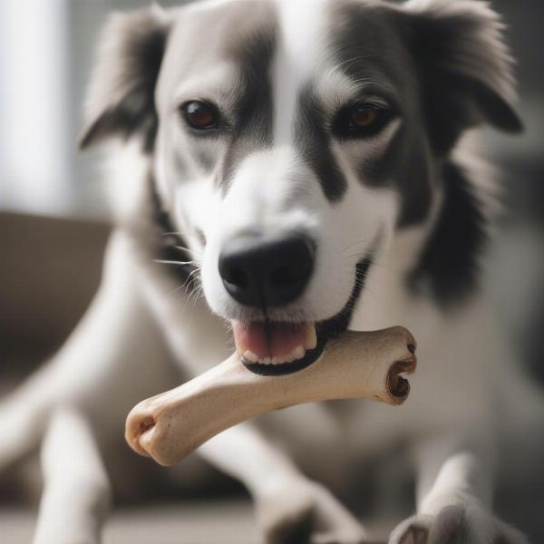 A dog happily chewing a rawhide-free bone