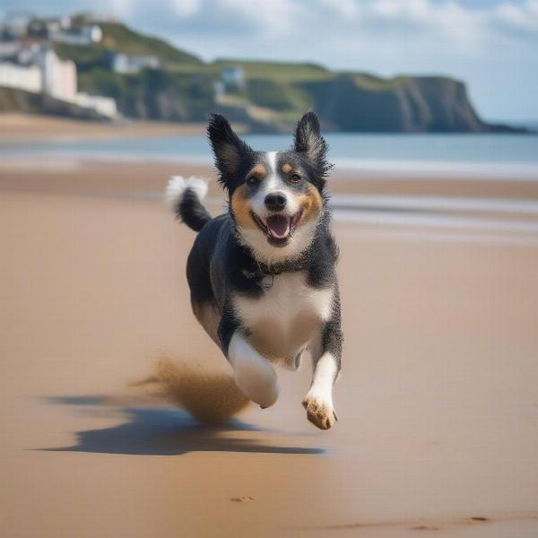 A happy dog playing on a sandy beach in Tenby with the ocean in the background.