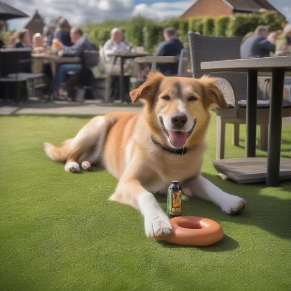 Dog enjoying the beer garden of a Tewkesbury pub