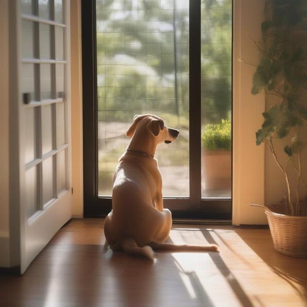 A dog enjoying the view through a door screen