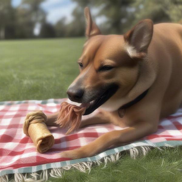 A happy dog chewing on a yak chew