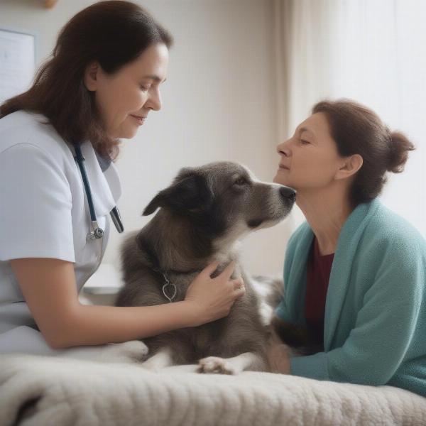 Dog being comforted at the vet during a euthanasia visit