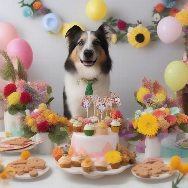 Dog flower arrangements on a birthday table