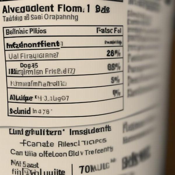 Close up of a dog food label ingredient list