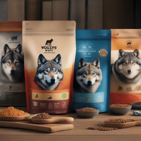 Dog food packaging with wolf imagery