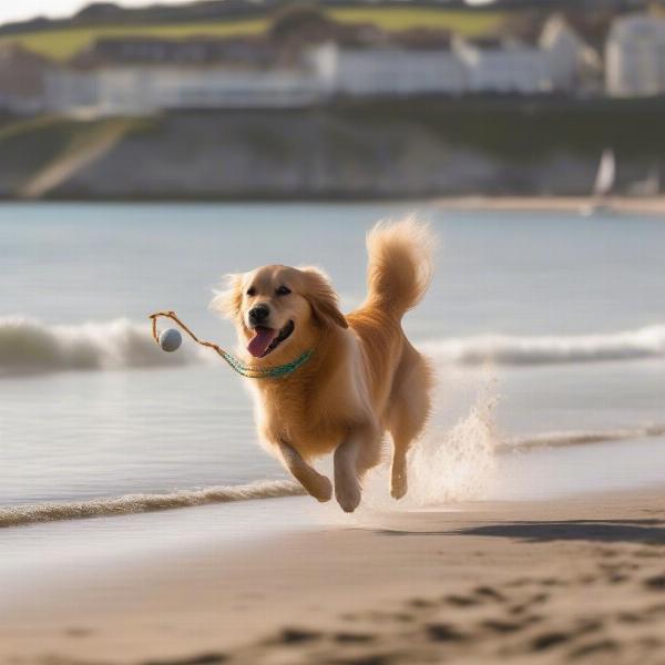 Dog enjoying the beach in Weymouth with its owner.