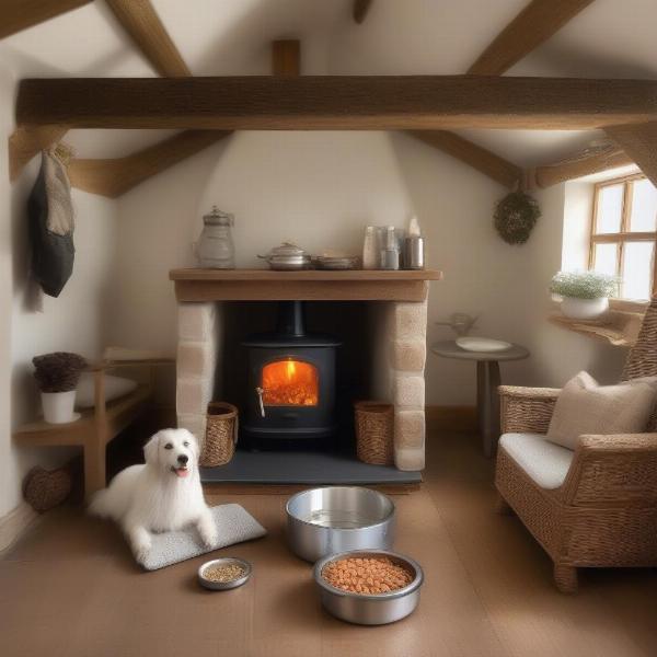 Dog-friendly accommodation in Whitby: A cosy cottage with a dog bed and bowls.