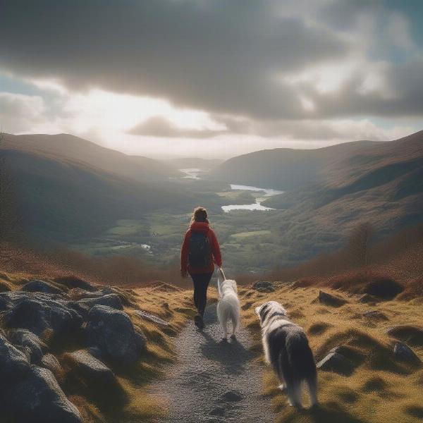 A dog and its owner hiking on a scenic trail in Betws Y Coed