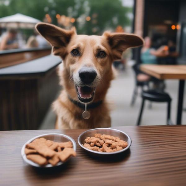 A dog enjoying a treat at a dog-friendly bar in Chicago, with a water bowl nearby.