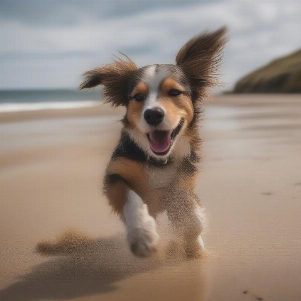 A dog enjoying a dog-friendly beach in Dorset.