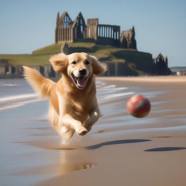 Dog Enjoying the Sand at a Dog Friendly Beach in Whitby, UK