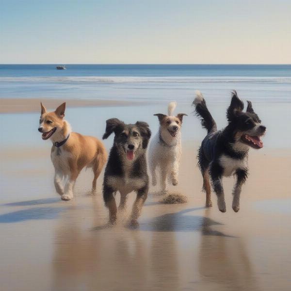 Dogs playing on a beautiful sandy beach near Seahouses