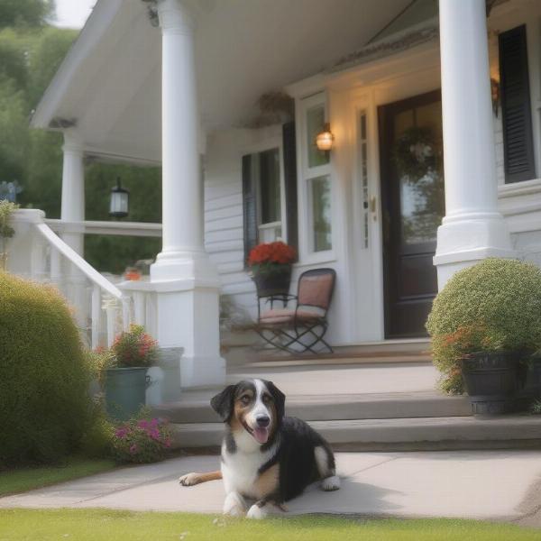 Dog-friendly B&B in Windermere with a beautiful view of Lake Windermere and a dog relaxing on the porch.