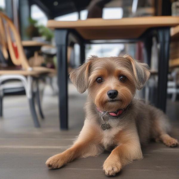 Dog sitting patiently at a dog-friendly cafe on the Paihia waterfront.