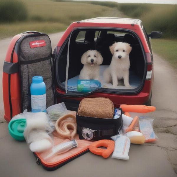 Essential items for a dog-friendly caravan holiday packed in a bag.