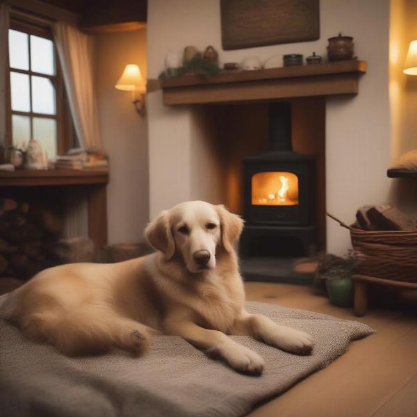 Dog friendly cottage in Ireland with a dog relaxing by the fireplace