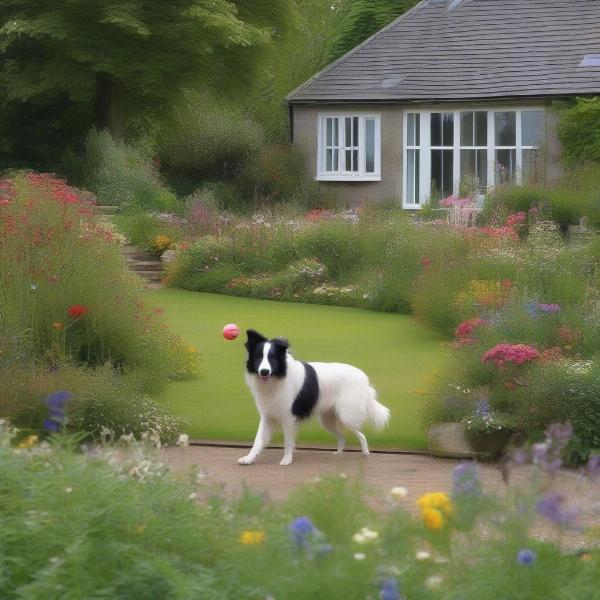 A dog playing in the enclosed garden of a dog-friendly cottage in St Andrews