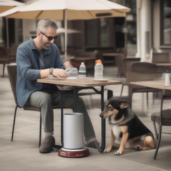 Dog owner practicing good etiquette while dining with their dog.