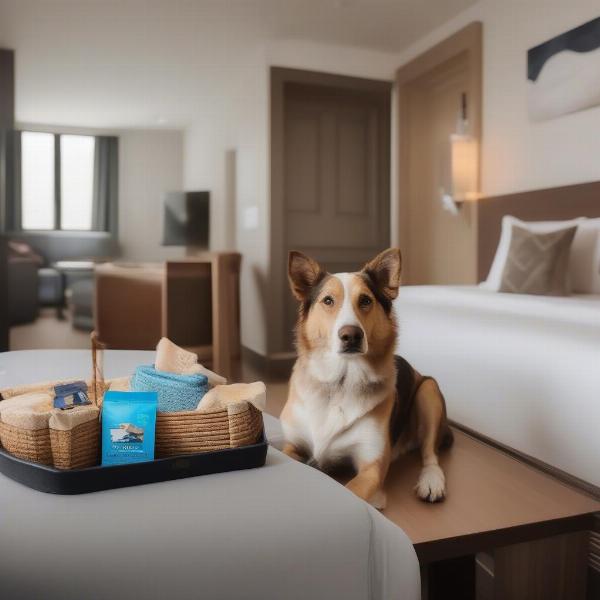 Dog-friendly hotel amenities like water bowls and treats.