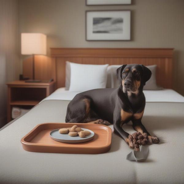 Dog-friendly hotel amenities in the Catskills: Dog bed, water bowl, and treats in a hotel room.