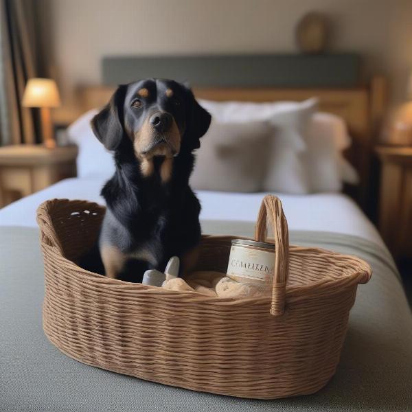 Dog-friendly hotel room in Cumbria with a dog bed and water bowl.