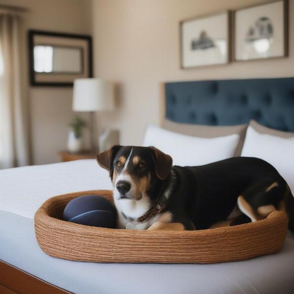 Dog-friendly hotel room in Ojai with a dog bed and water bowl.