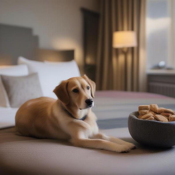 Dog-friendly hotel room in Ambleside with a dog bed and water bowl.