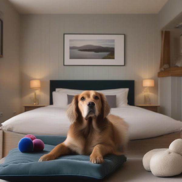 Dog-friendly hotel room in Ambleside with a dog bed and water bowl.