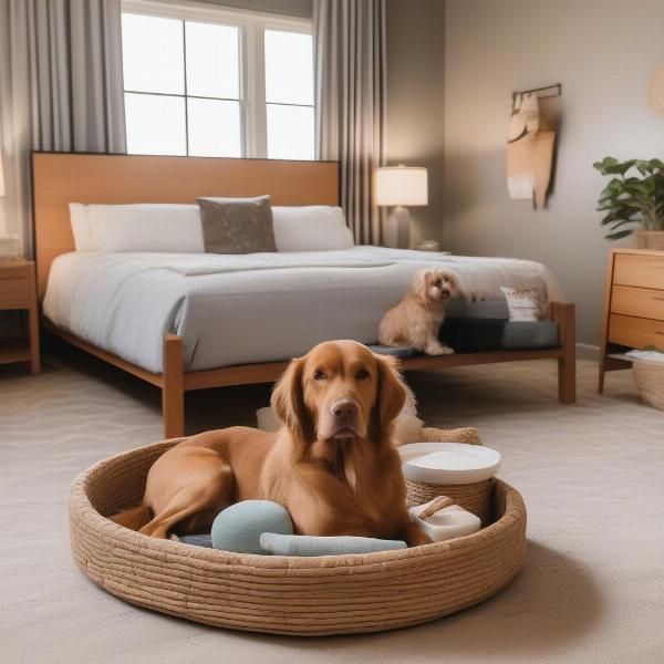 Dog-friendly hotel room in Bakewell, Derbyshire, featuring a comfortable bed, water bowl, and dog treats.