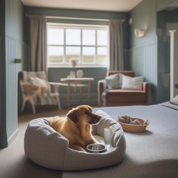 Dog-friendly hotel room in Bamburgh with a dog bed and water bowl.