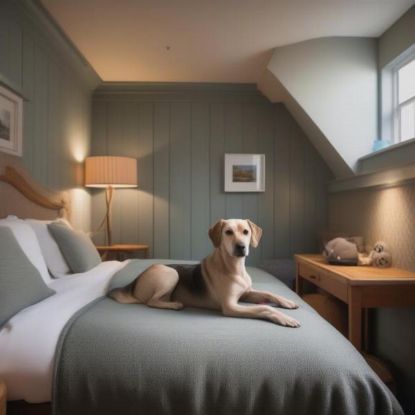 Dog-friendly hotel room in Bamburgh with a dog bed and water bowl.