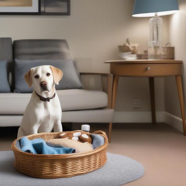 Dog-friendly hotel room in Hunstanton with dog bed and water bowl.