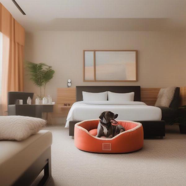 Dog-friendly hotel room in the Isle of Man with a comfortable dog bed and water bowl.