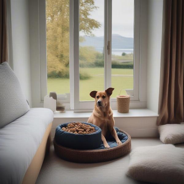 Dog-friendly hotel room in Killarney with a comfortable dog bed and welcome treats.