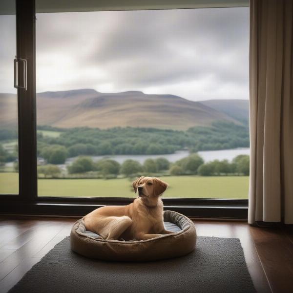 Dog-friendly hotel room in the Lake District with a comfy dog bed and water bowl