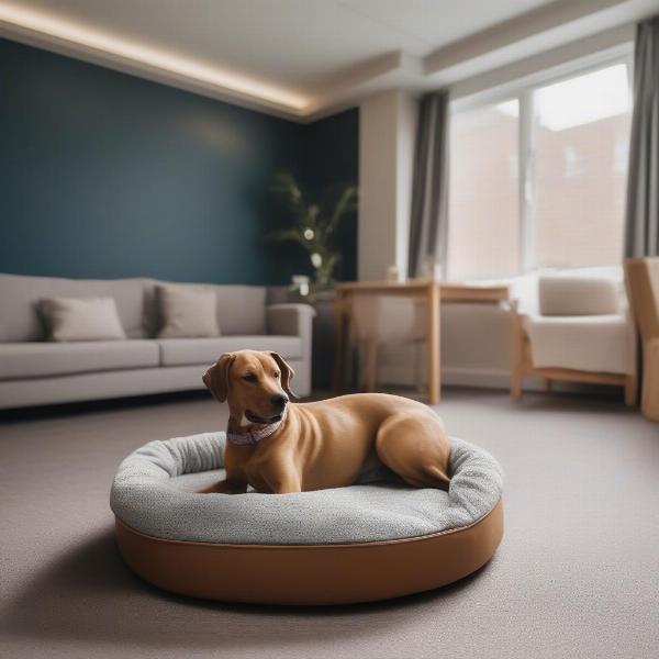 Dog-friendly hotel room in Leamington Spa with a dog bed and water bowl.