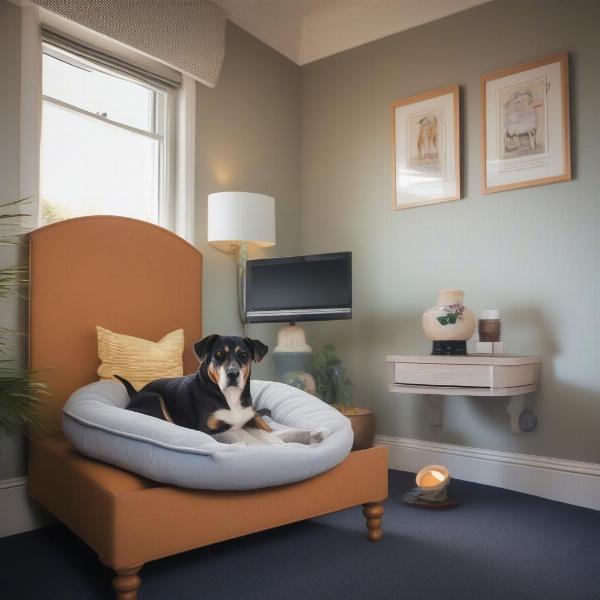 Dog-friendly hotel room in Llandudno with a dog bed and water bowl.