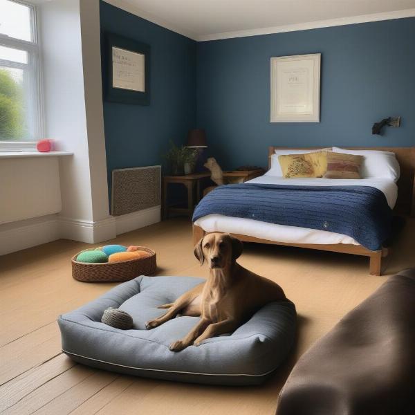 Dog-friendly hotel room in Lyme Regis with a dog bed and water bowl.