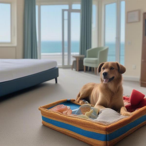 Dog-friendly hotel room in Margate with a dog bed and bowls