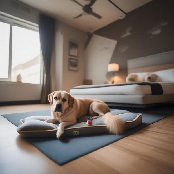 Dog-friendly hotel room in Melbourne with a comfortable dog bed and water bowl.