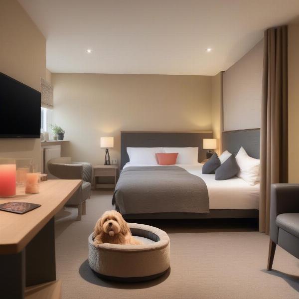 Dog-friendly hotel room in Oxfordshire with a dog bed and water bowl.