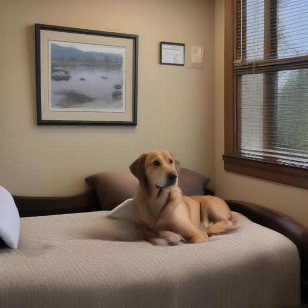 Dog-friendly hotel room in Port Angeles with dog bed and water bowl.