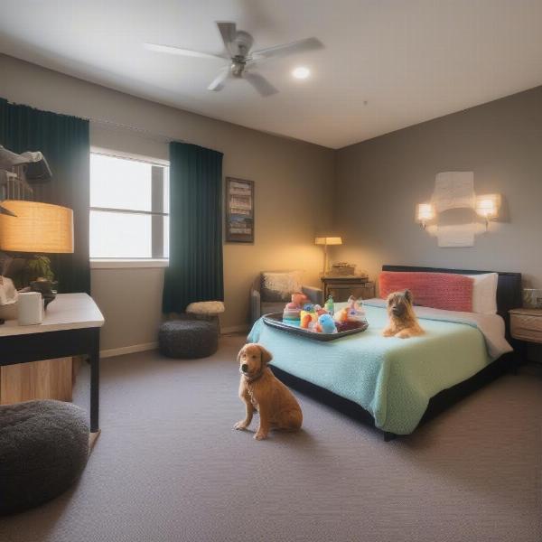 Dog-friendly hotel room in Rockhampton with a comfortable dog bed and water bowl.