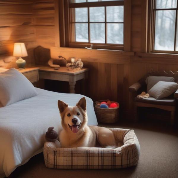 Dog-friendly hotel room in Vermont, featuring a comfortable dog bed and water bowl.