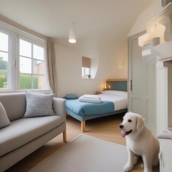 Dog-friendly hotel room in Wells-next-the-Sea with a cozy dog bed and water bowl.